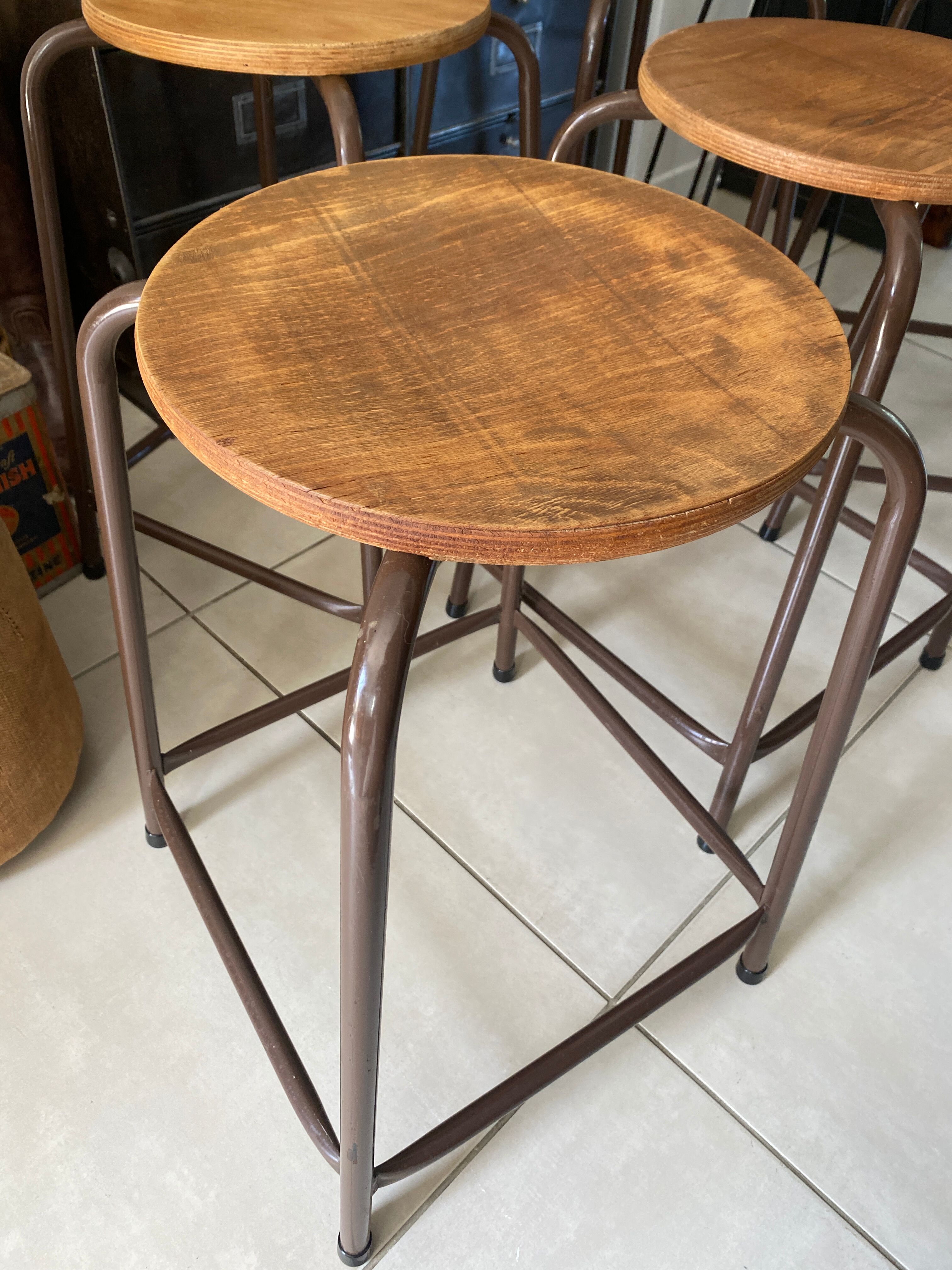 Series of 5 metal and wood workshop stools