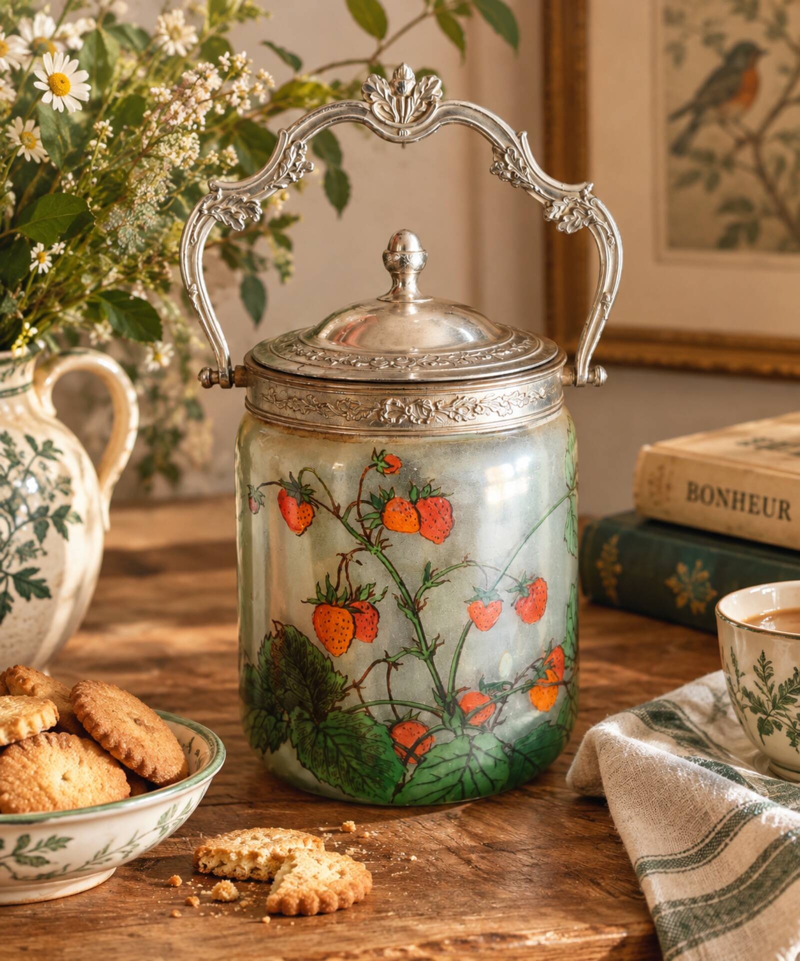 Seau à biscuits décor fraises signé JEM