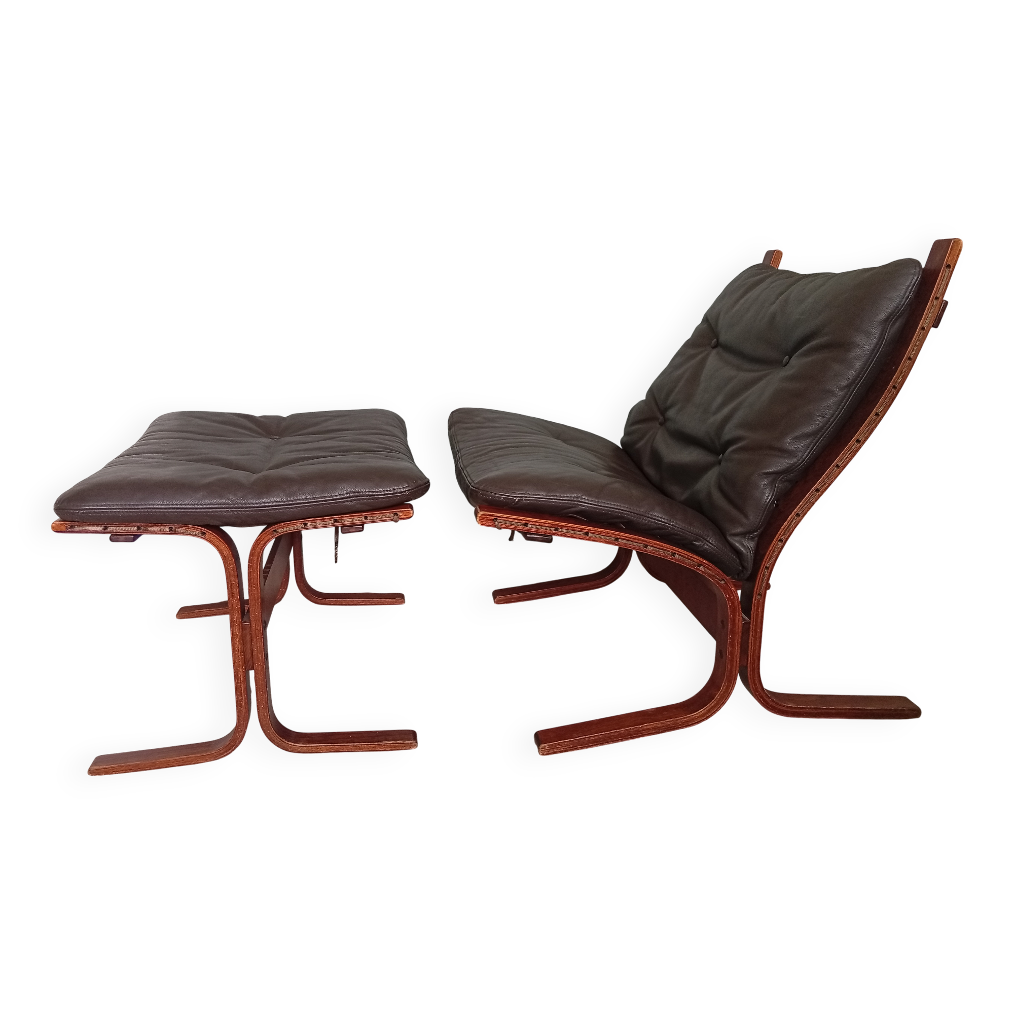 Fauteuil Ingmar Relling chauffeuses et Ottoman bois vintage scandinave