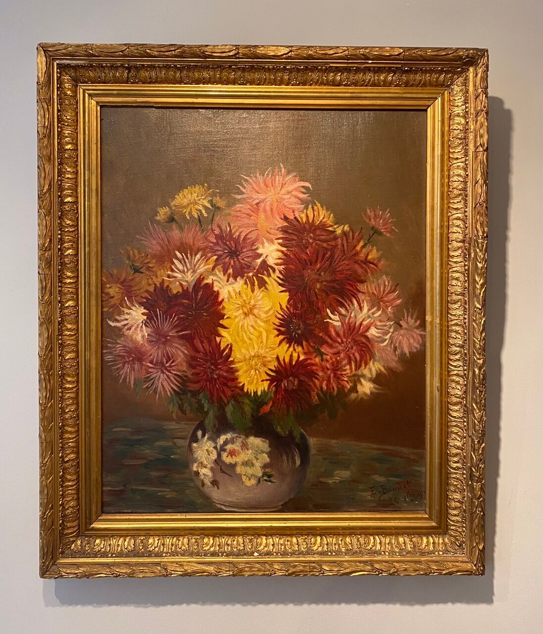Old painting, still life with Dahlias, signed E Boudet late nineteenth century.