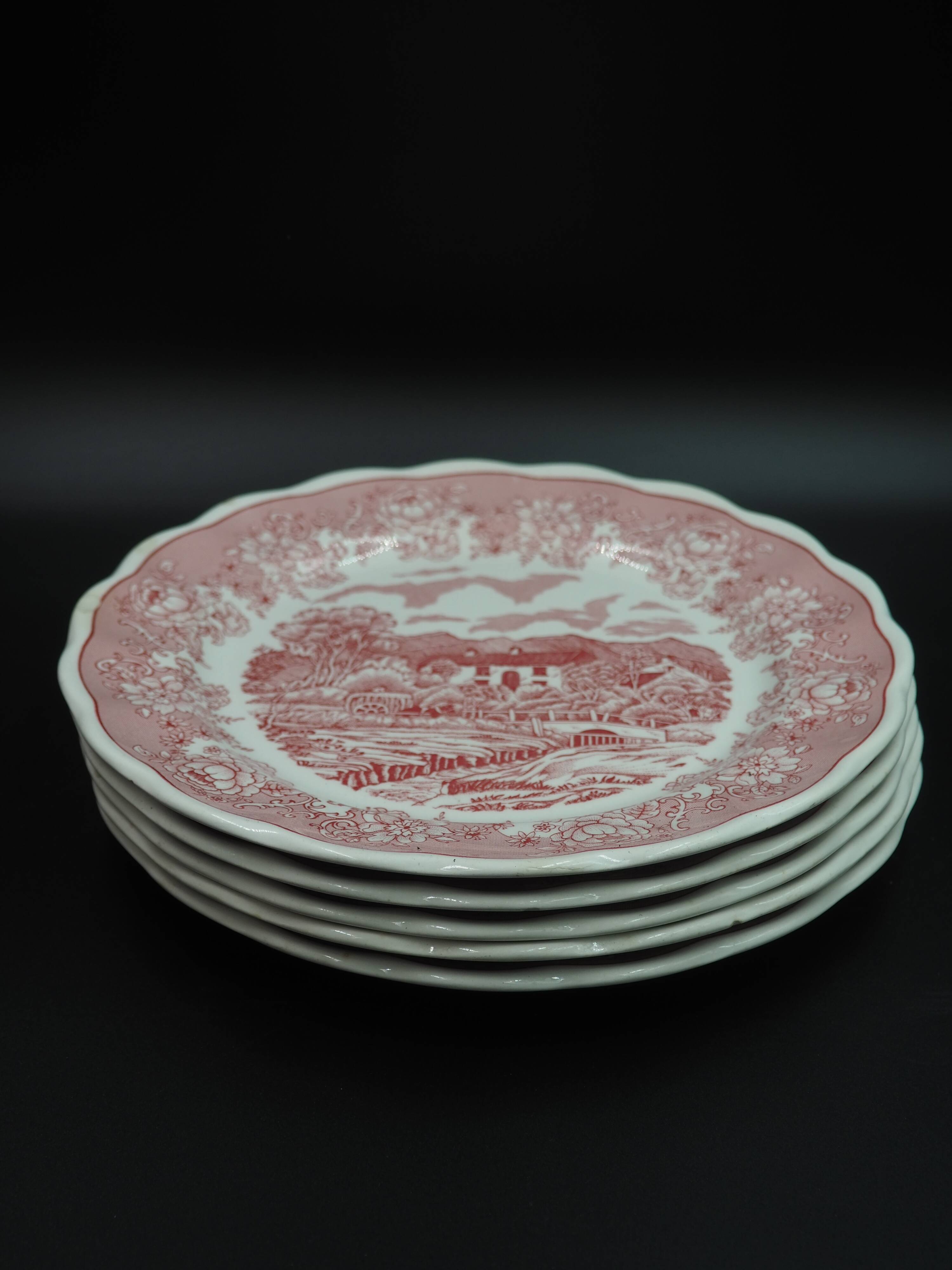 5 red English Landscape pattern dinner plates