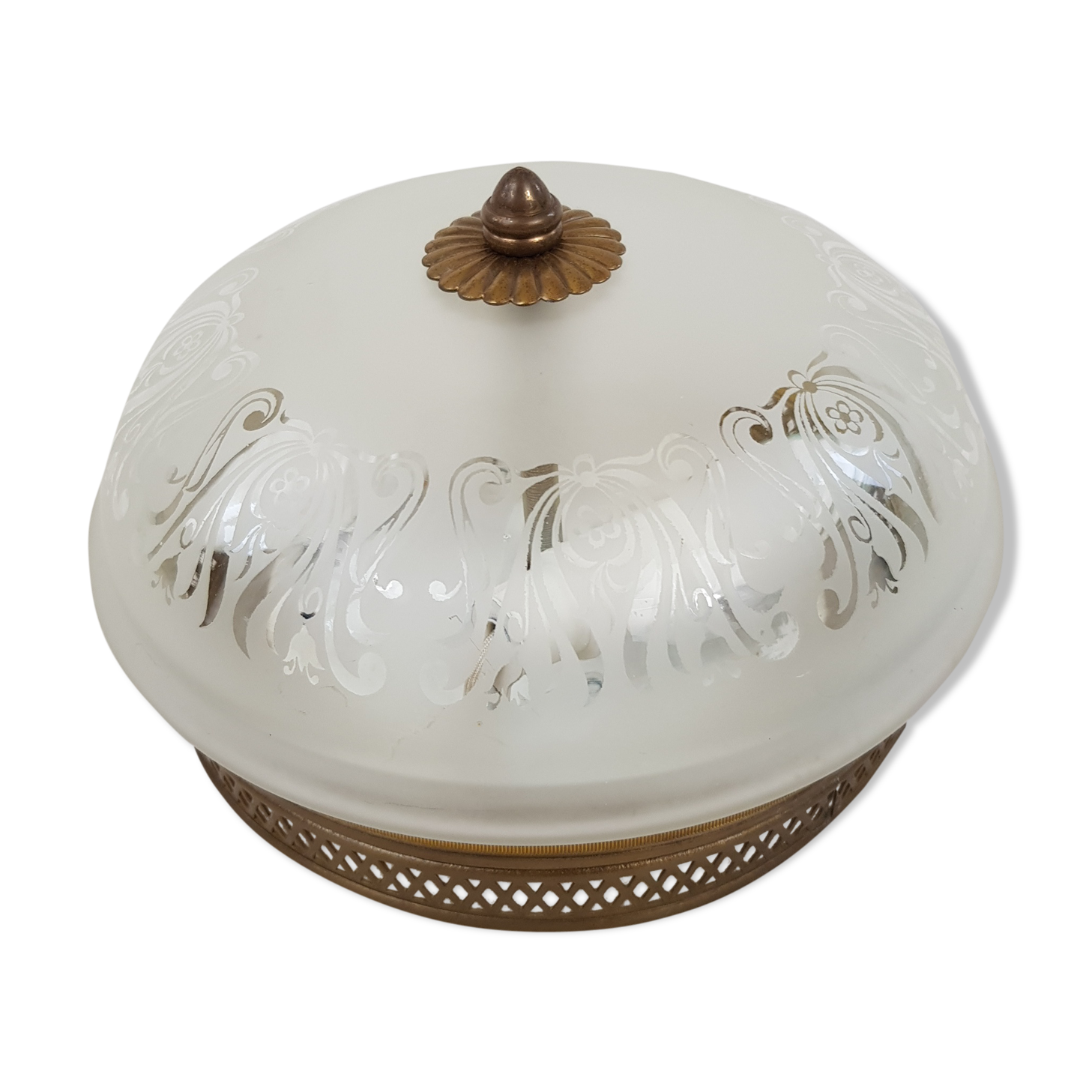 Glass globe ceiling lamp frosted pattern and brass opened frame