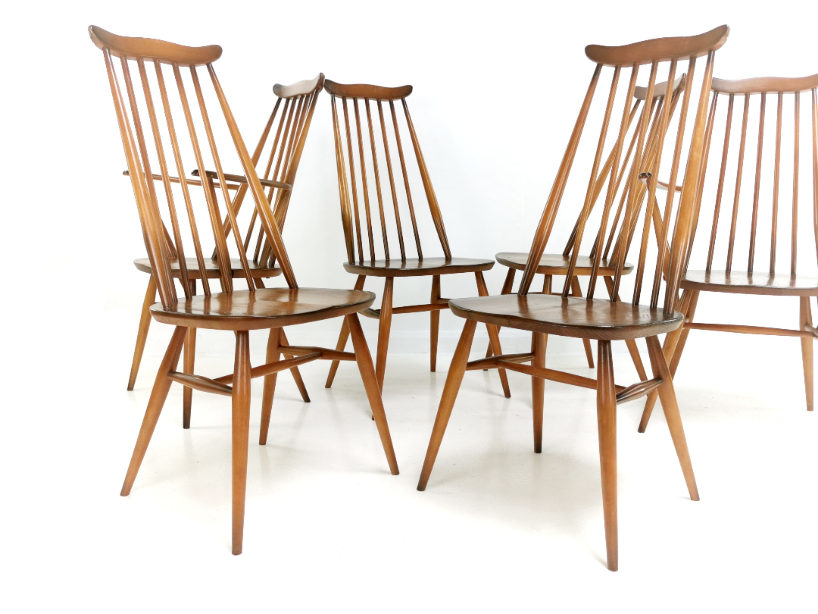 Set of 6 vintage Ercol elm & beech Goldsmith dining chairs mid century