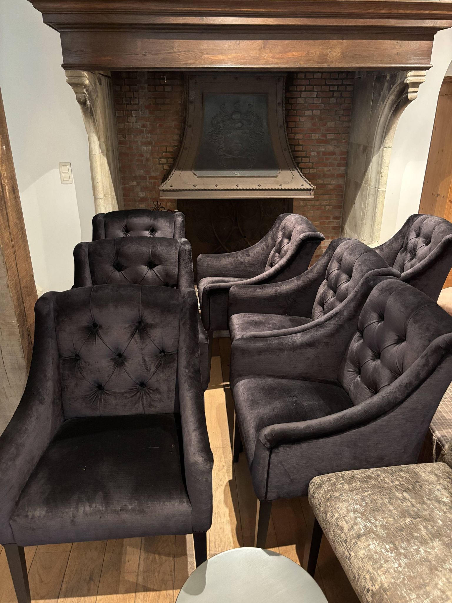 set of 8 upholstered dining chairs in black velvet