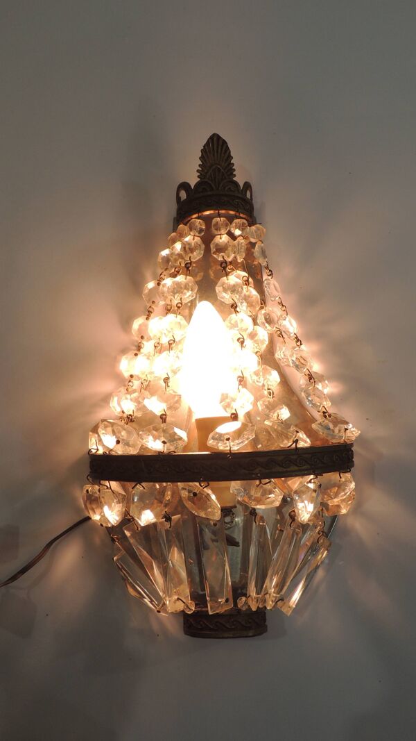 Lustre ancien en cristal avec 2 appliques murales – Suspension vintage lait