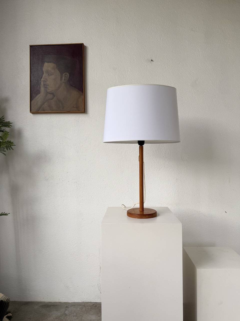 70s oak wood table lamp