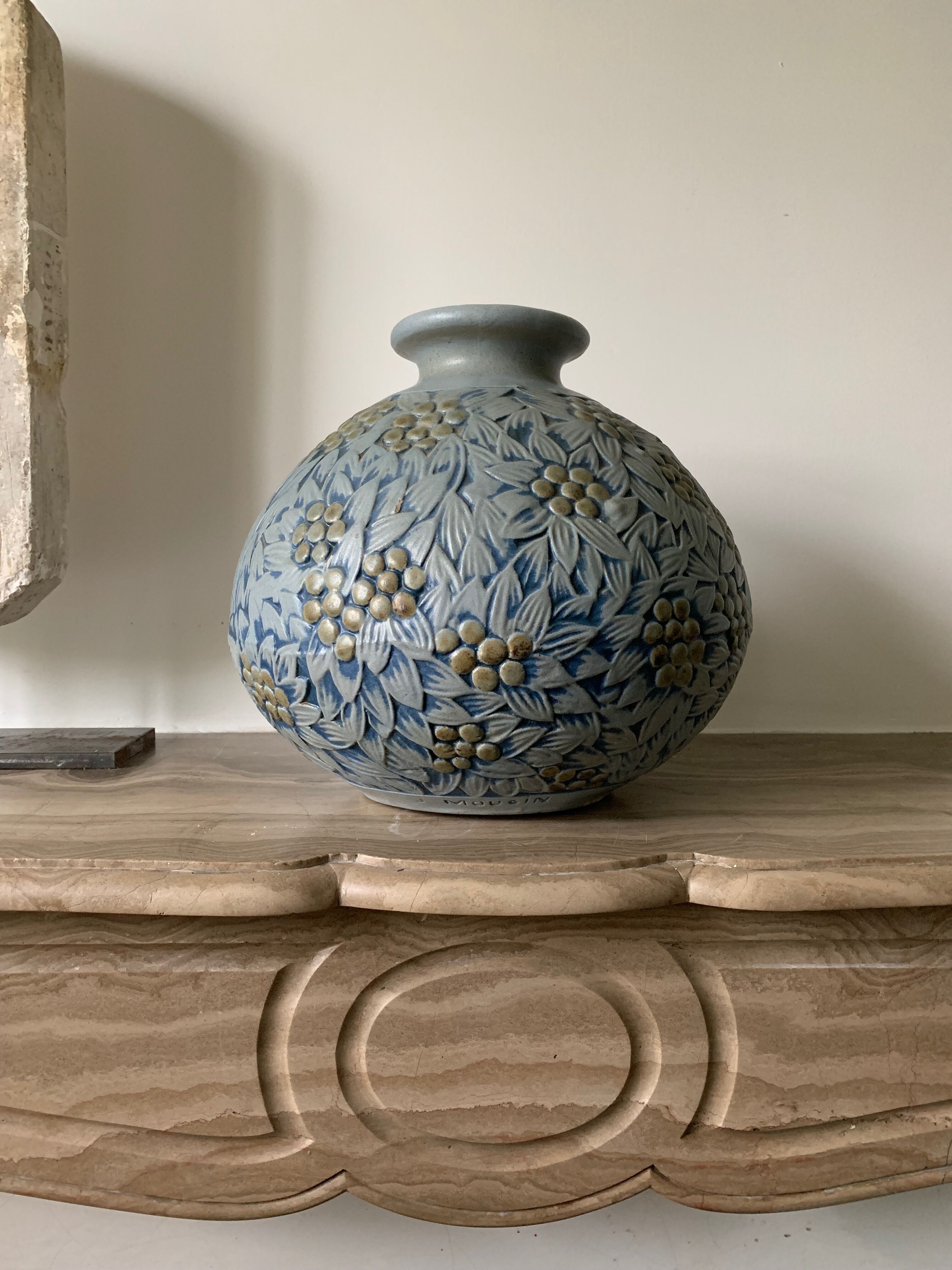 Vase Mougin blue flower and vegetal motif