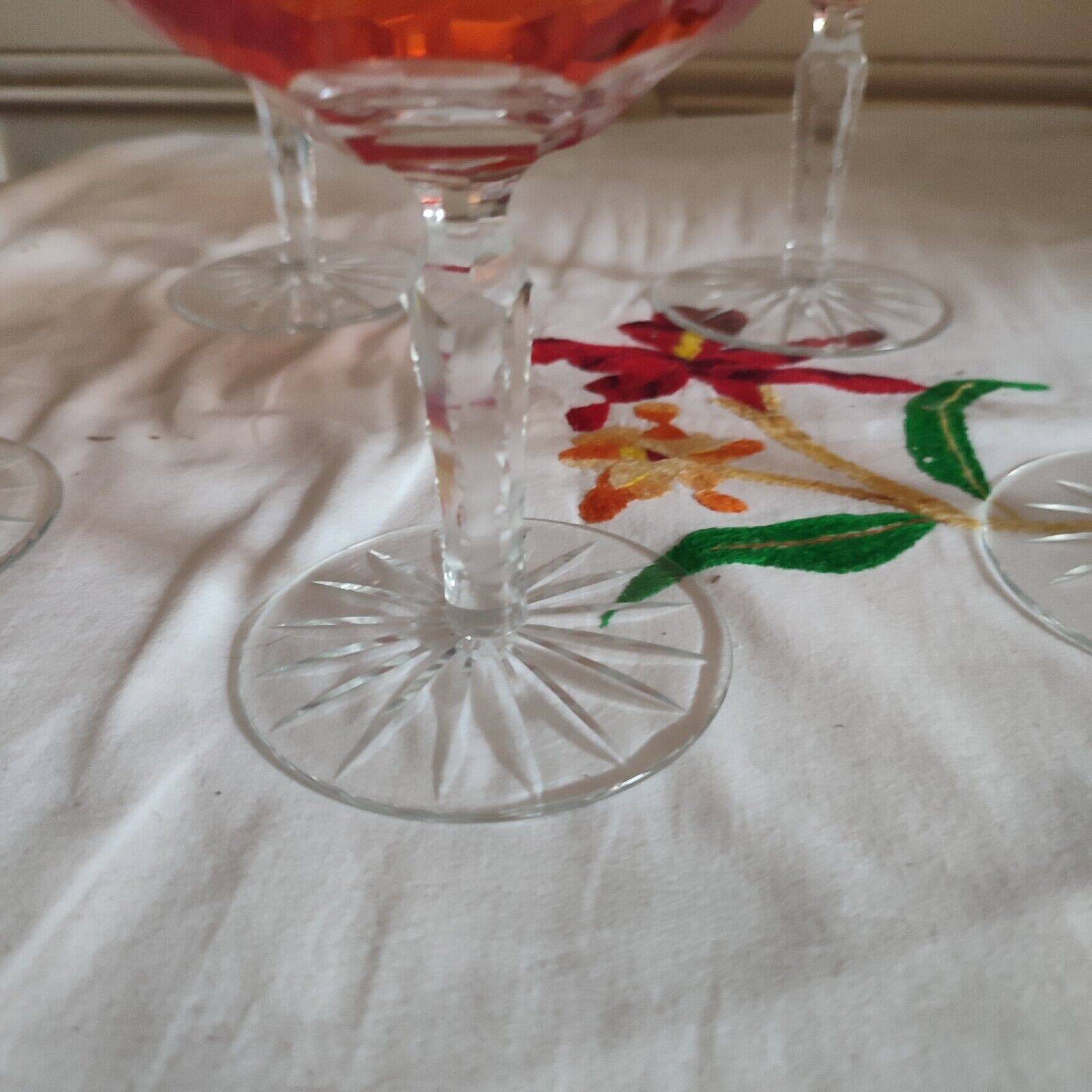 Five antique orange cut crystal champagne glasses with grape cluster decoration Poland