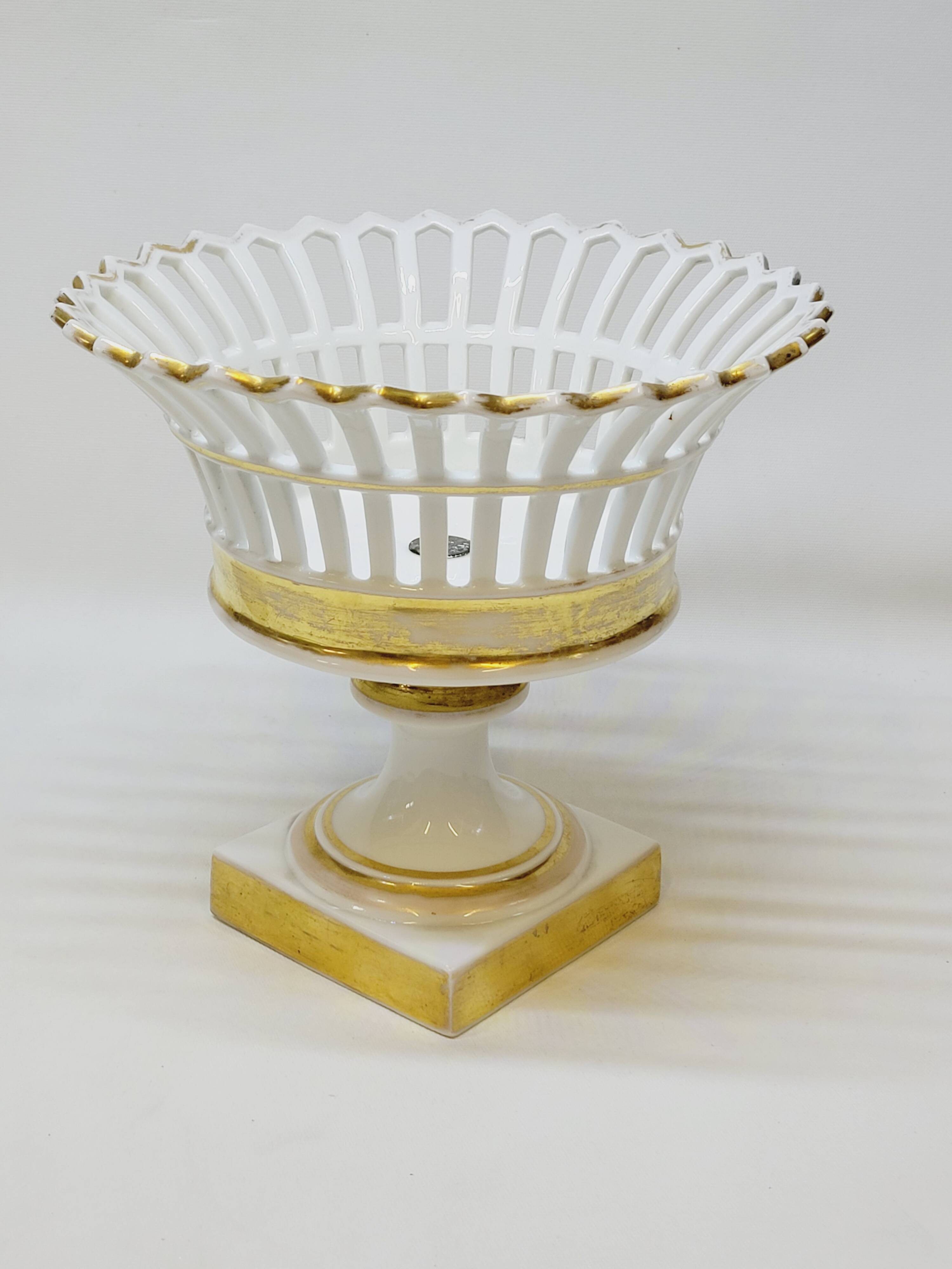 Bowl on Pedestal Openwork Basket White and Gold Porcelain Restoration E
