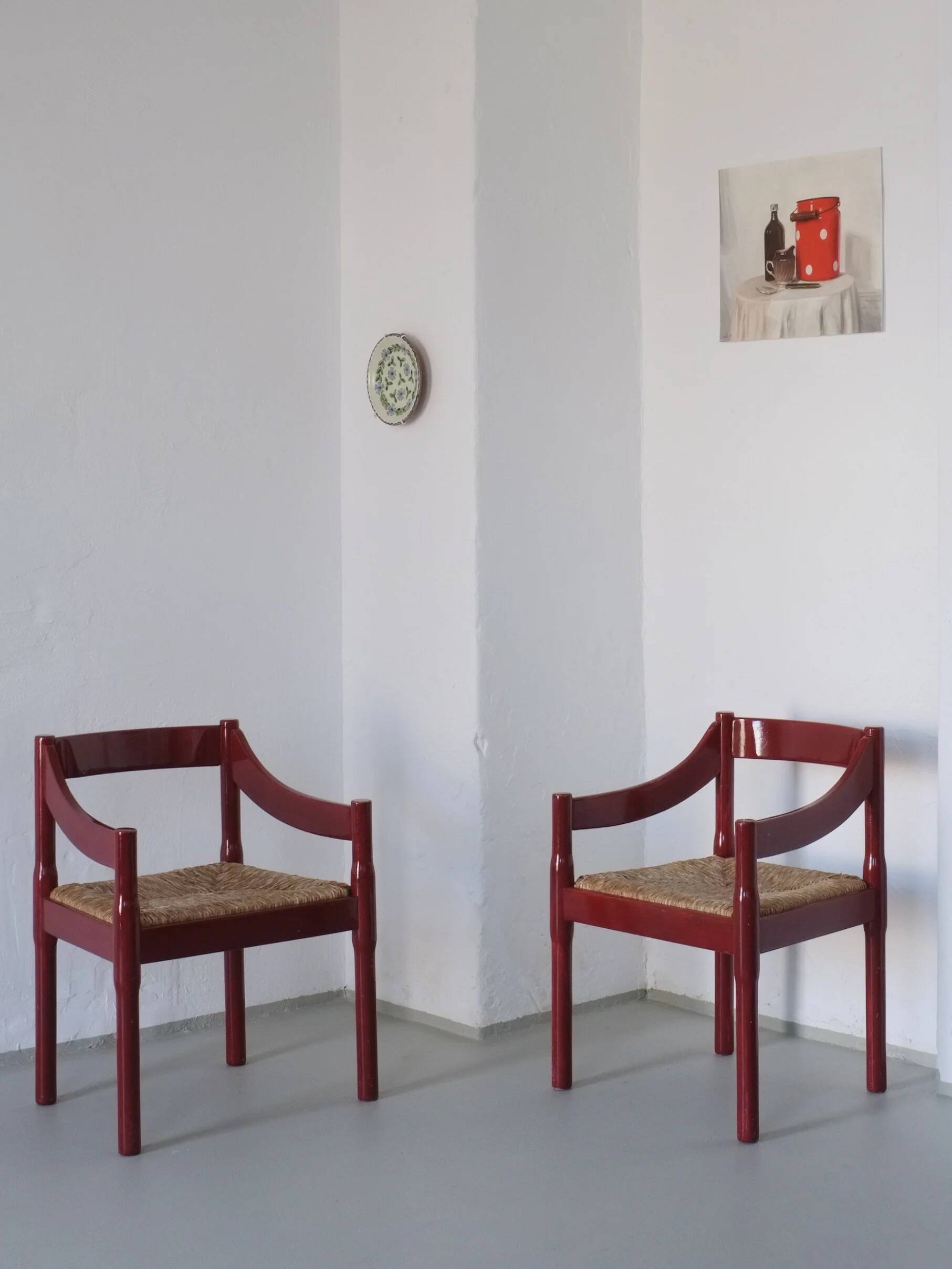 2 red Vico Magistretti “Carimate” style armchairs | Italy | 1970s
