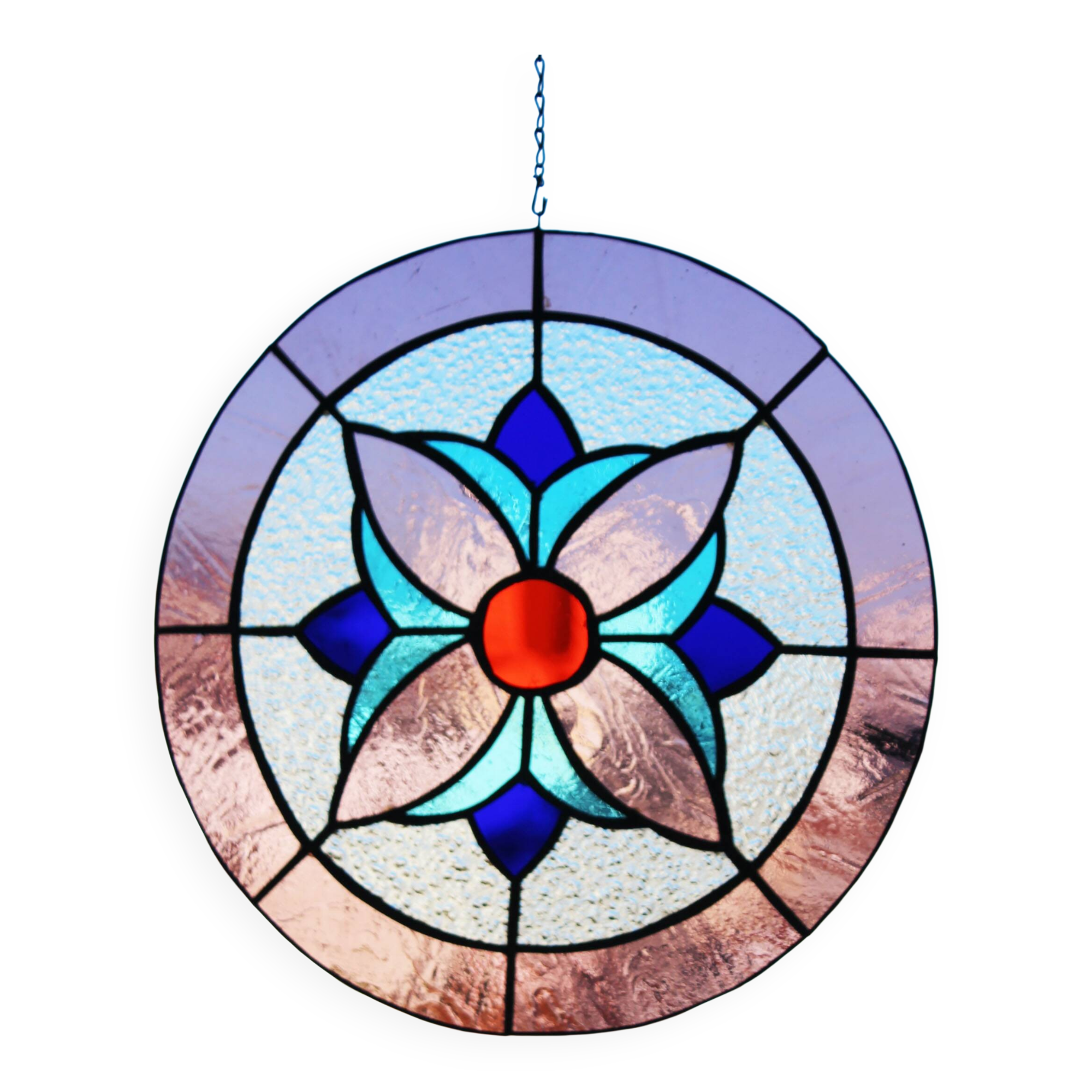 Vitrail circulaire décoratif à motif floral – Verre coloré fait main, Ø 40