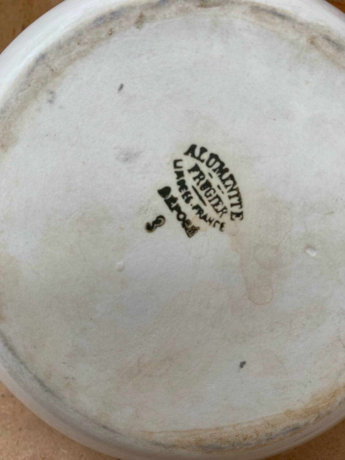 Antique aluminite teapot frugier white & silver ceramic vintage