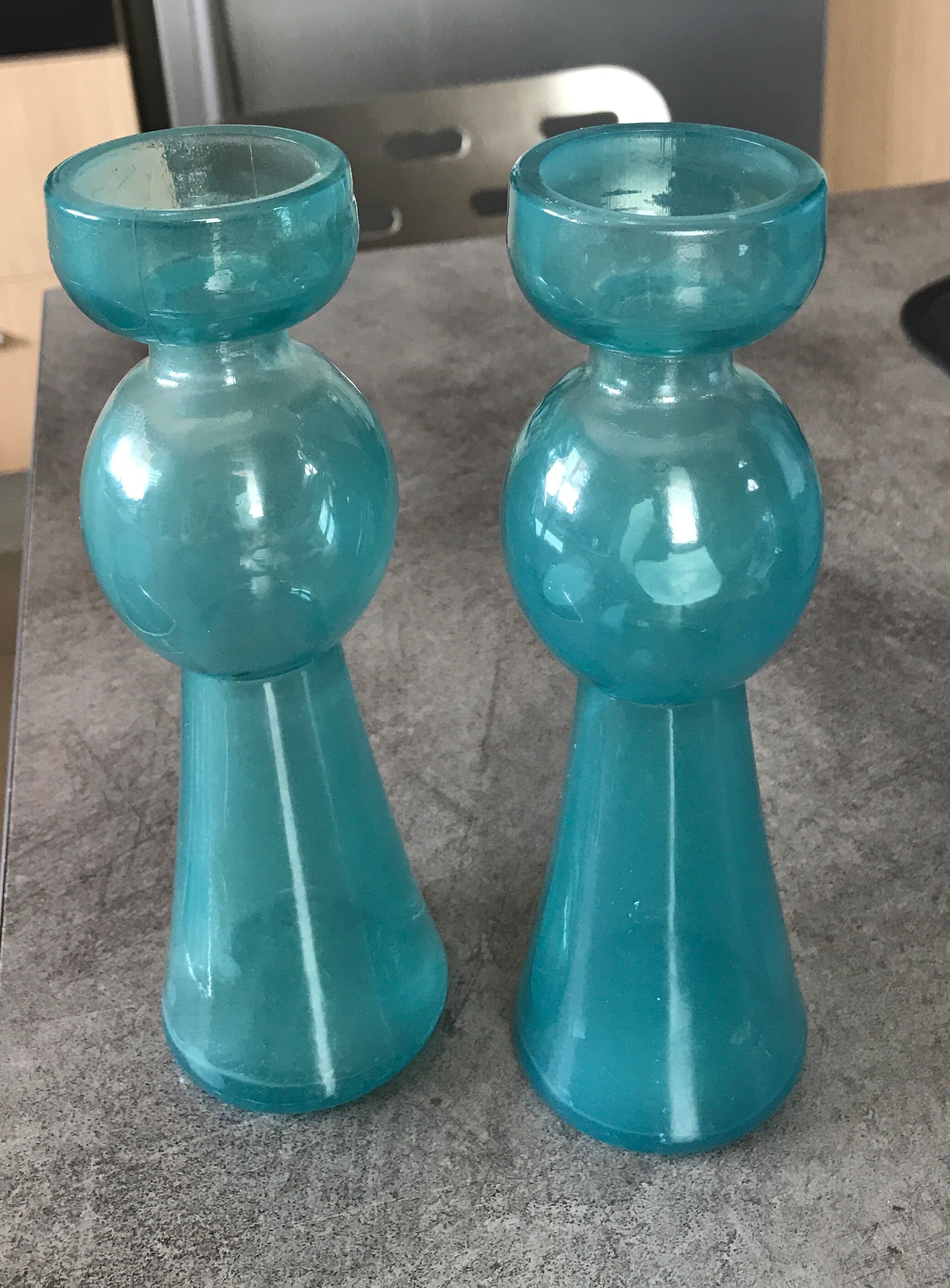 Pair of vintage candlesticks in molded glass turquoise blue 20 cm