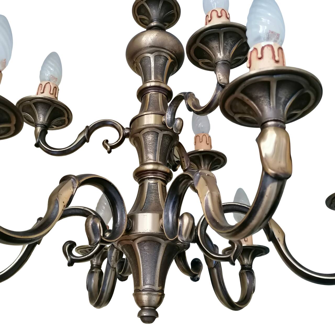Lampadario vintage a nove luci in ottone, anni '50