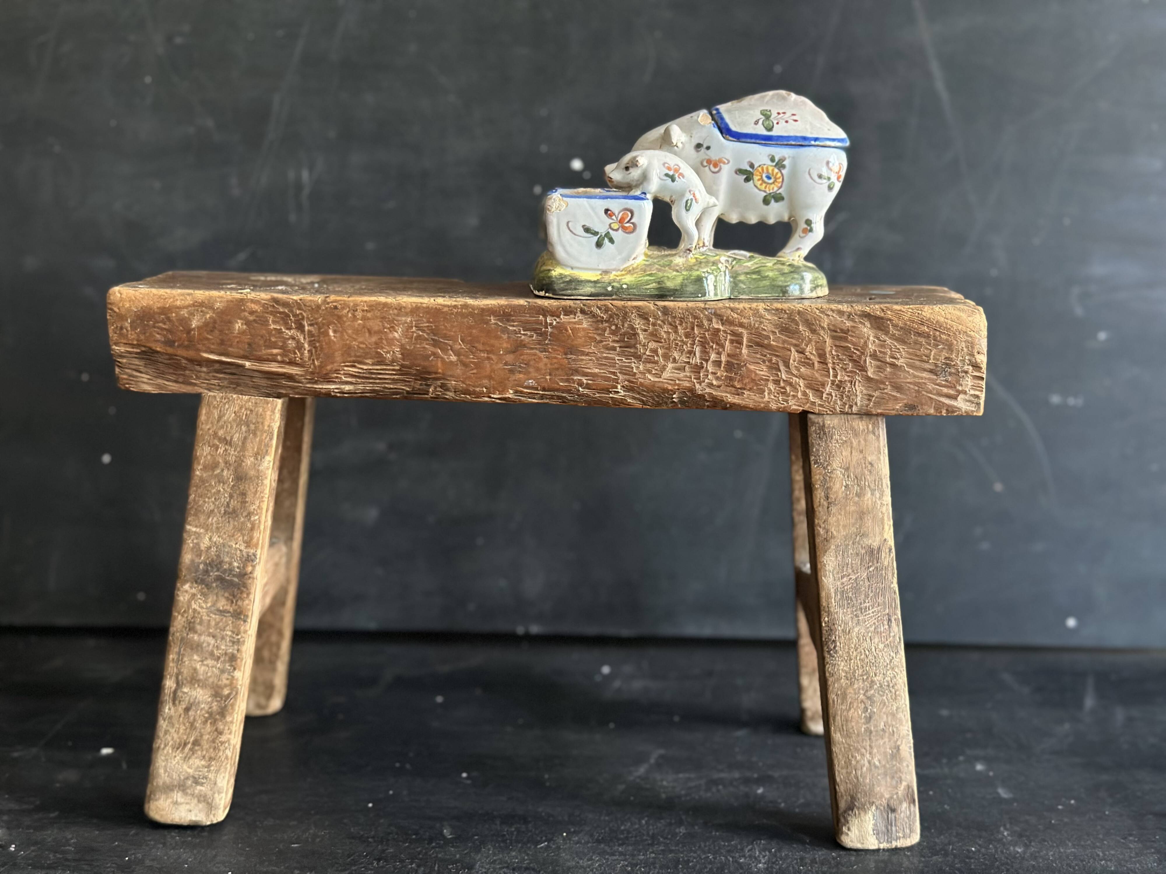 Antique earthenware pig box, salt cellar or mustard pot, floral decoration.