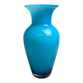 Large vintage Italian vase in Empoli style, blue and white opaline glass, 31 cm.