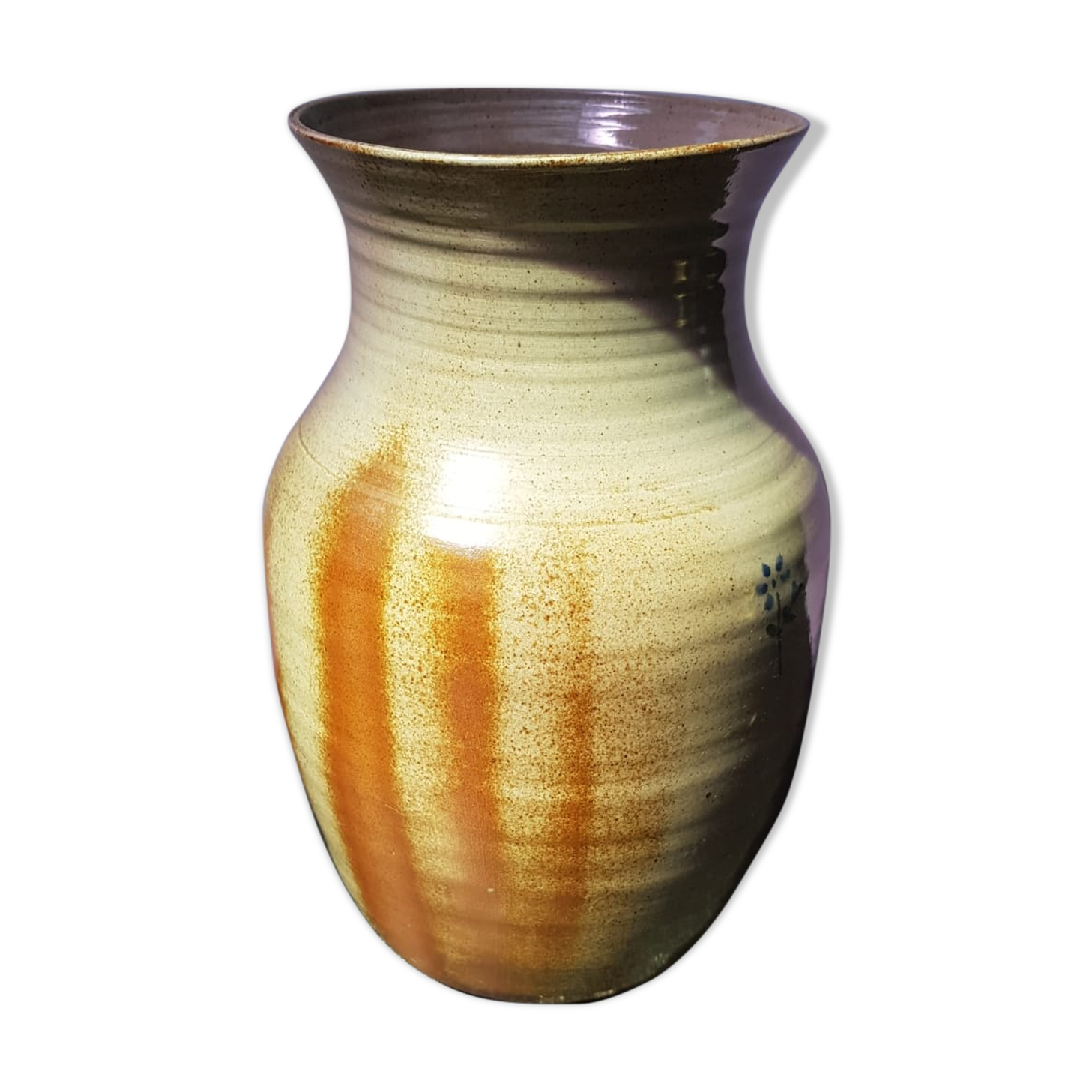 Old brown sandstone vase & beige signed deco 70s vintage