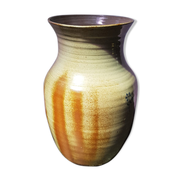 Old brown sandstone vase & beige signed deco 70s vintage
