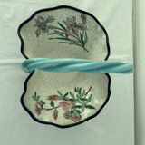Large earthenware basket, Longwy enamels, turquoise blue cloisonné, twisted handle, stamp