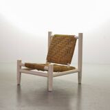 Charlotte Perriand Style Low Seat White Wicker Oak Lounge Chair and Stool