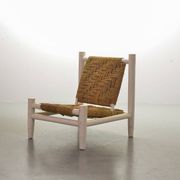 Charlotte Perriand Style Low Seat White Wicker Oak Lounge Chair and Stool