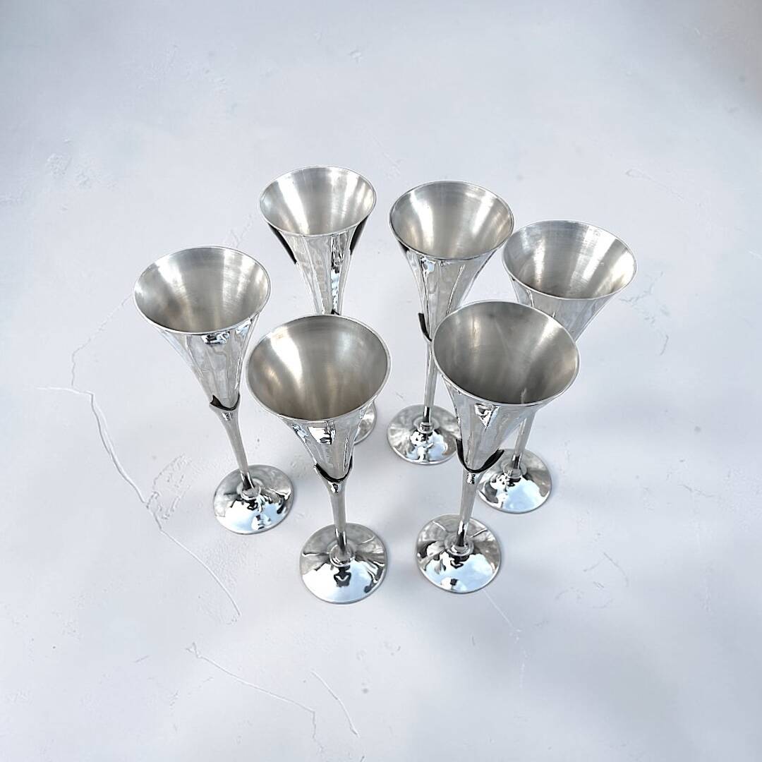 Set of six vintage chrome metal champagne flutes – 1970s