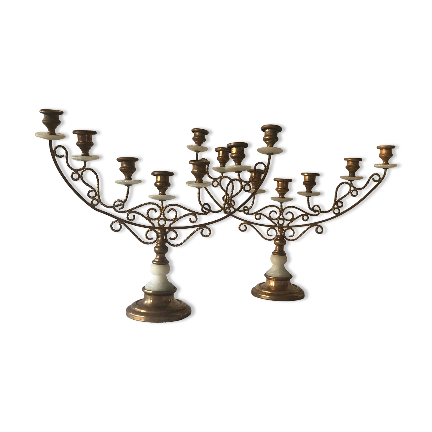 Mid-century 7-branch alabaster and brass candlestick
