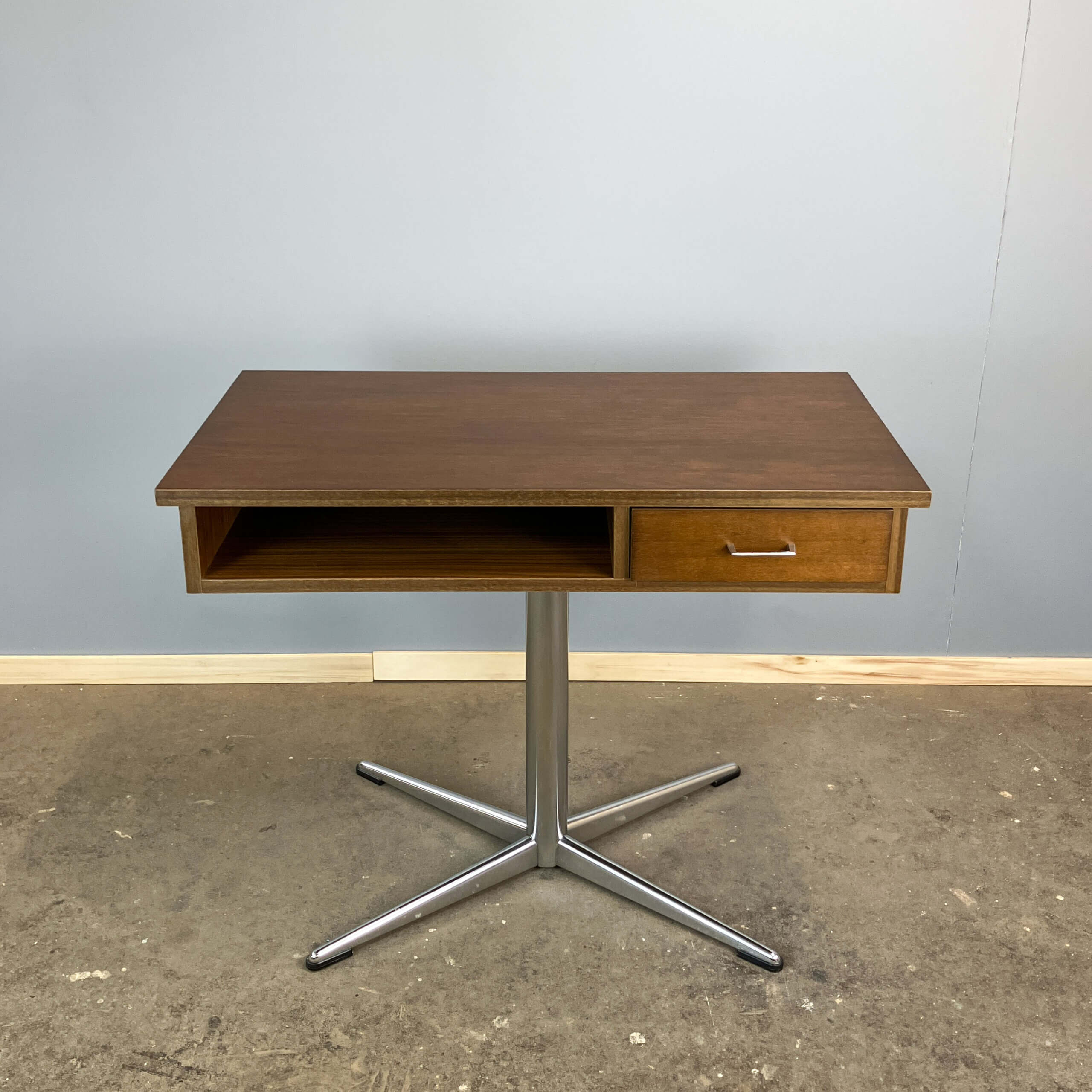 Swivel TV stand/side table, chrome frame with dark walnut, 1970s
