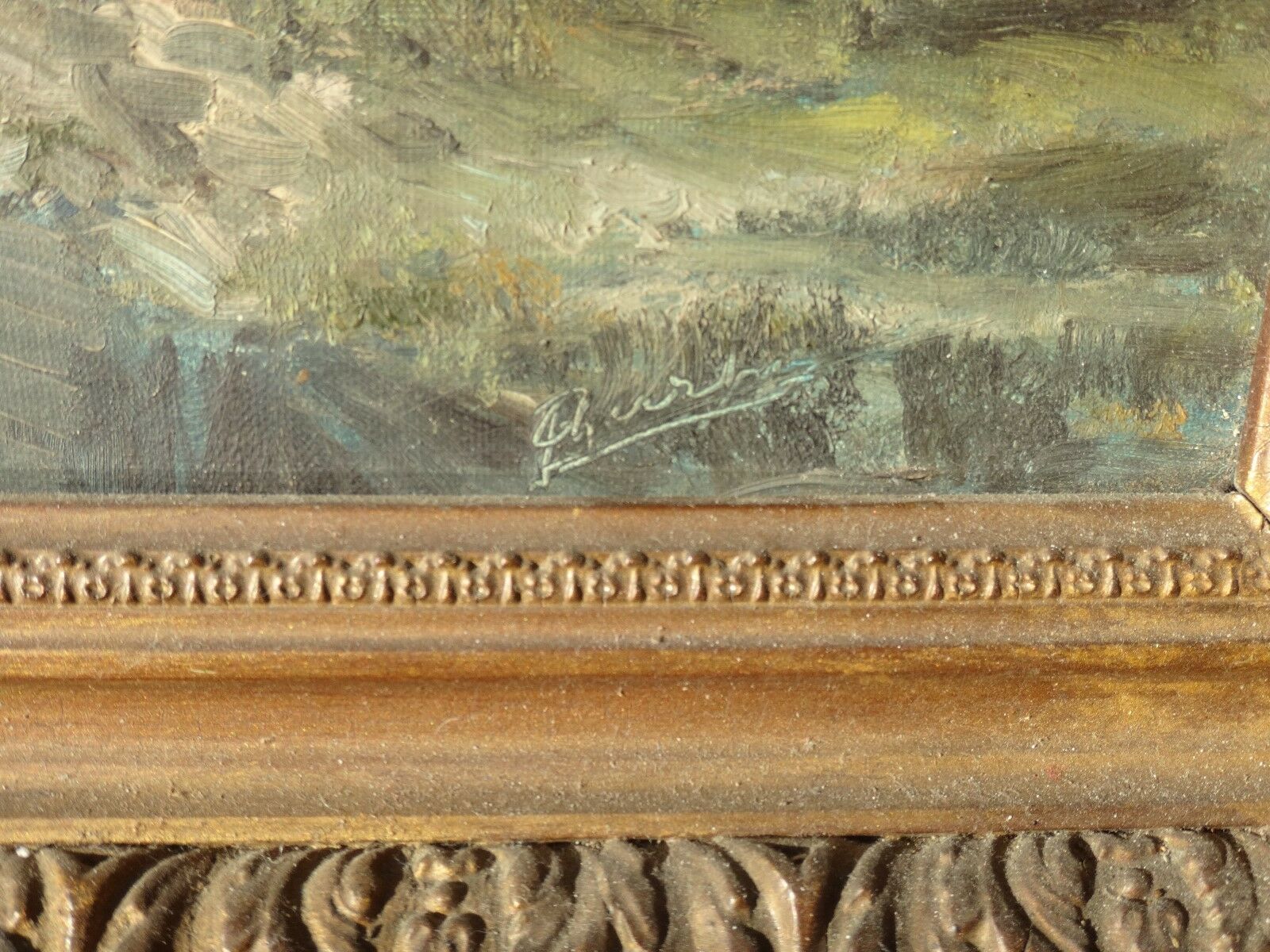 Painting mountains snowy landscape frame gilded wood signed 72x62cm