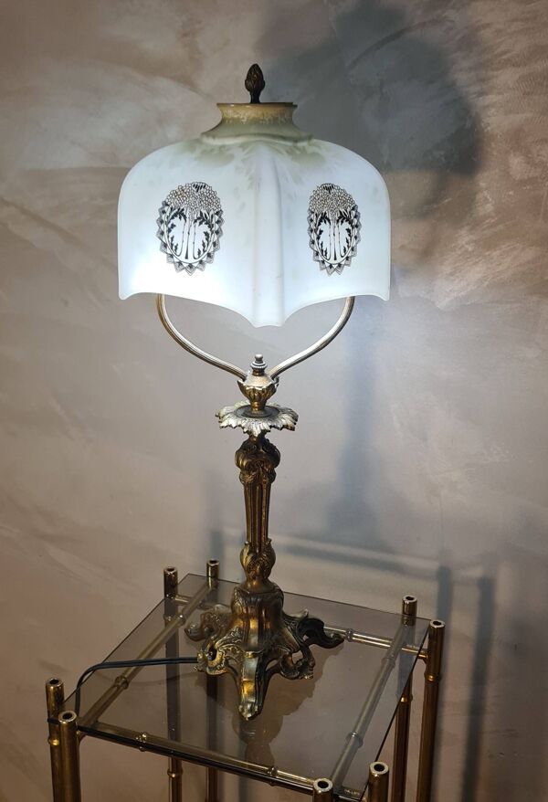 Lampe bronze de bureau fin 19eme siecle 1880 avec opaline 48x20