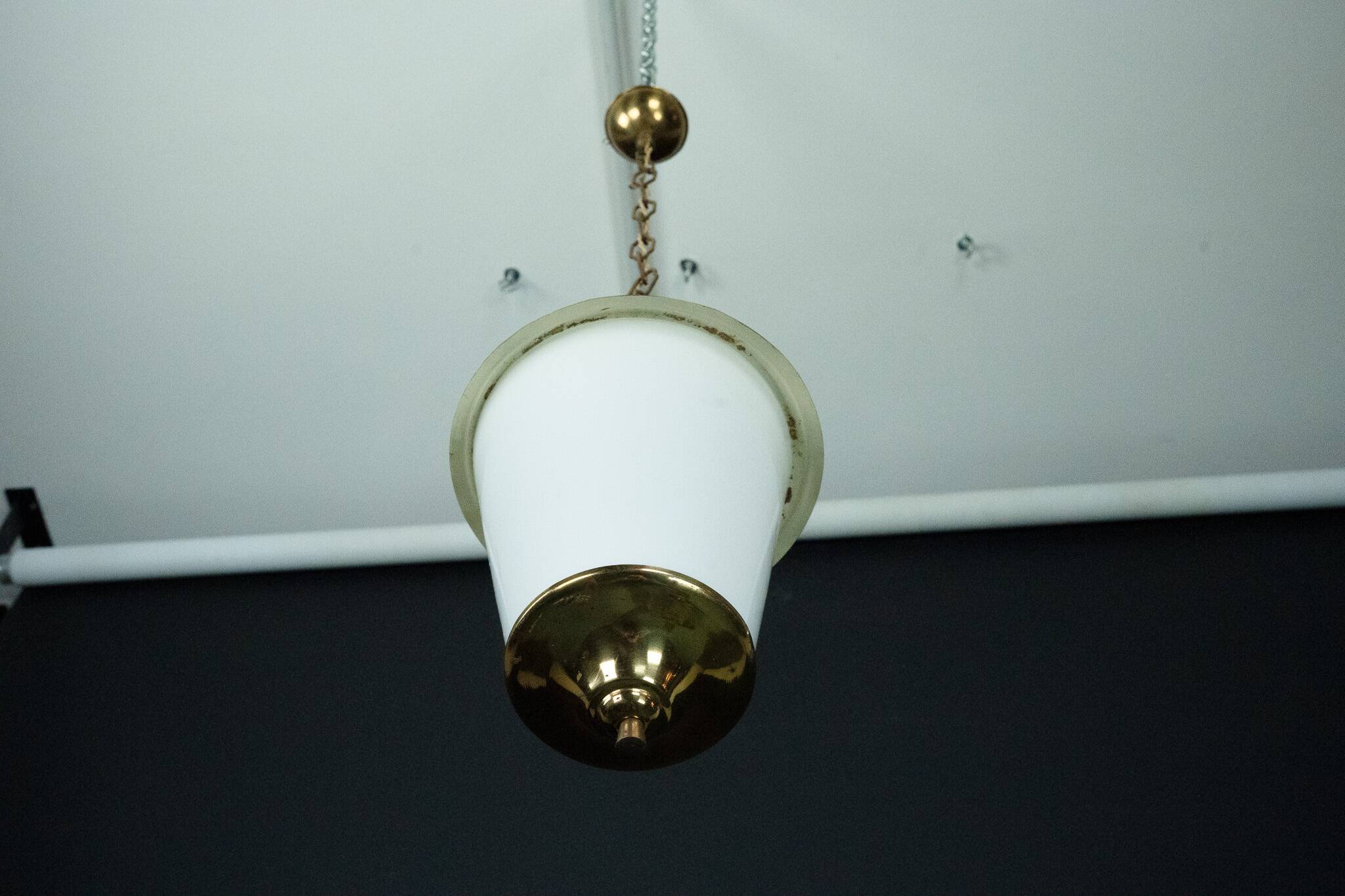 Mid-Century pendant lantern in brass and lattimo Murano glass, Italy, 1950s