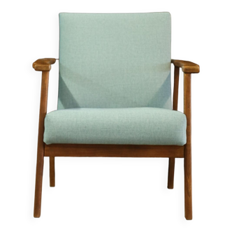 Vintage wood armchair longue chair blue sky fabrics Scandinavian design in 1970 oryginal wooden armchair renovated