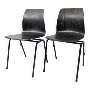 Lot de 2 chaises vintage Pagholz assise brun foncé piètement métal noir Wes