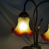 Brass water lily lamp and glass paste tulip, double, art nouveau style.