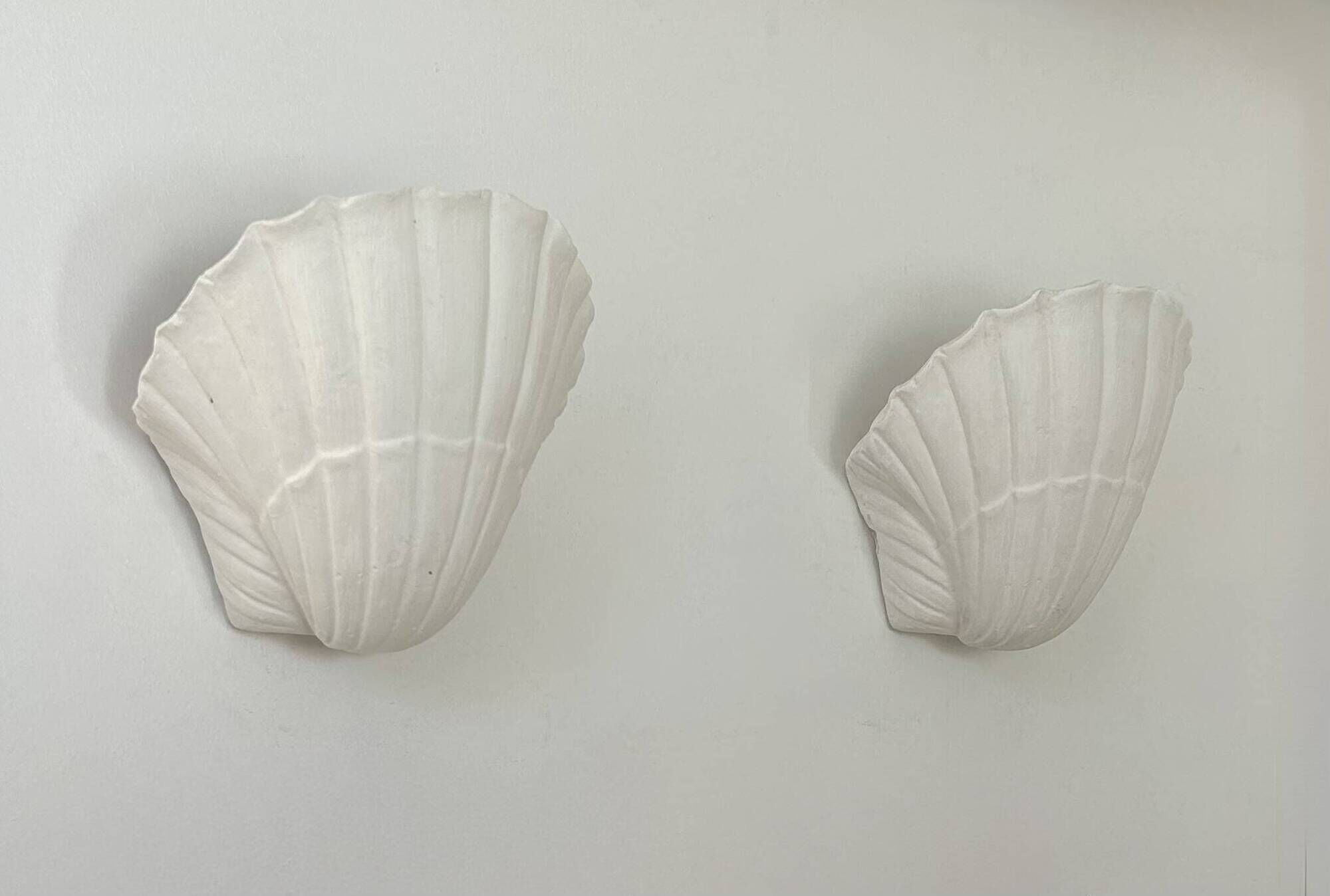 Pair of vintage seashell wall sconces, matte white plaster, France 1970
