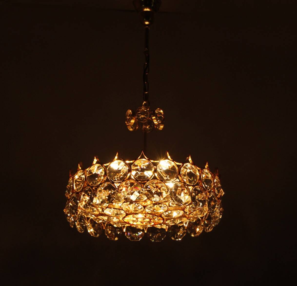 1970s Palwa Chandelier, gold plate and faceted crystals