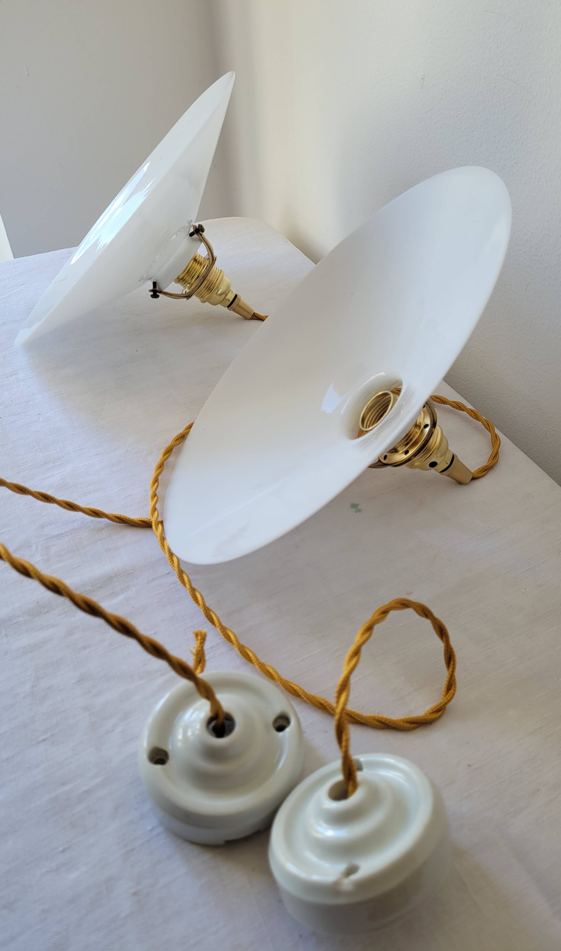 Duo of white opaline pendant lights