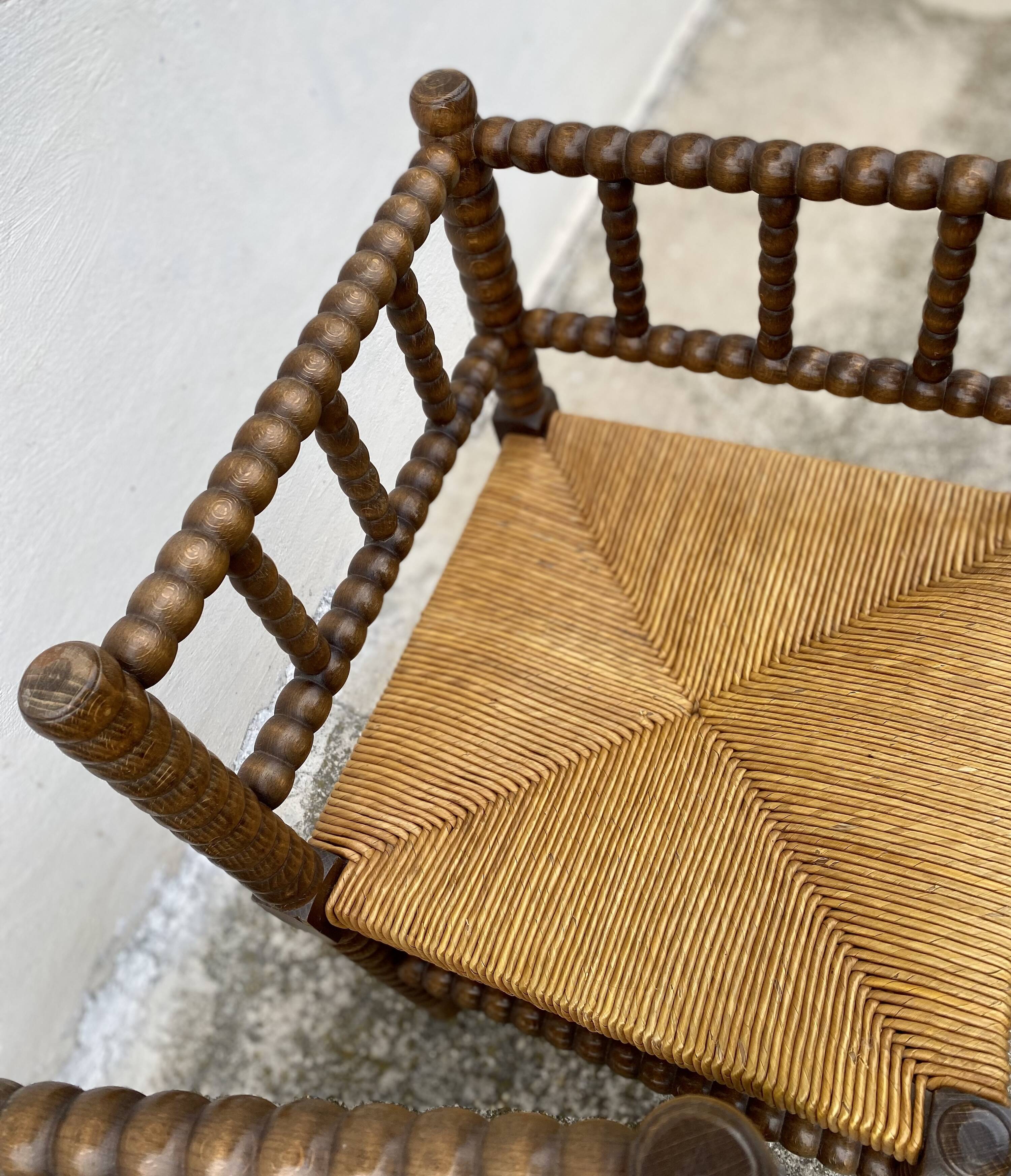 Pair of turned wood straw corner armchairs, Vintage 1950s