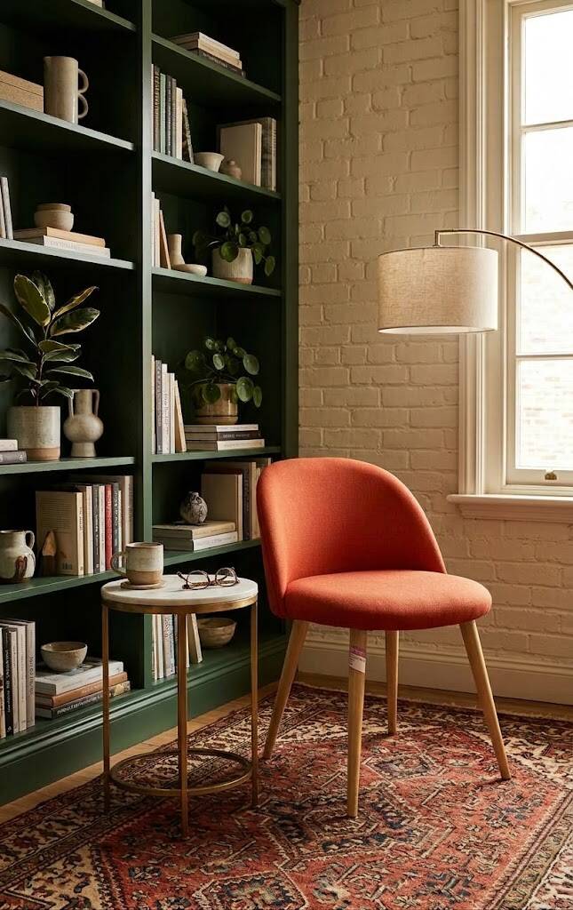 Red Fabric Chair with Wooden Legs