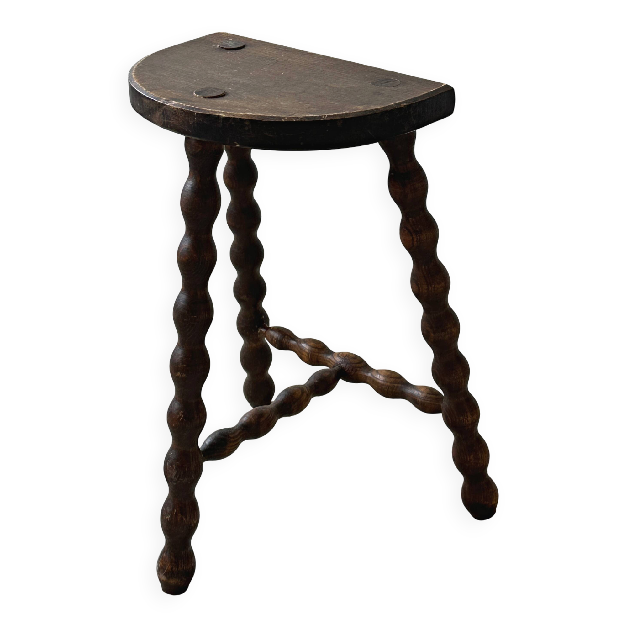 vintage French farm stool in turned wood