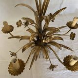 Hans Kögl style 6-arm chandelier in gilded metal, 1970s with two wall lights