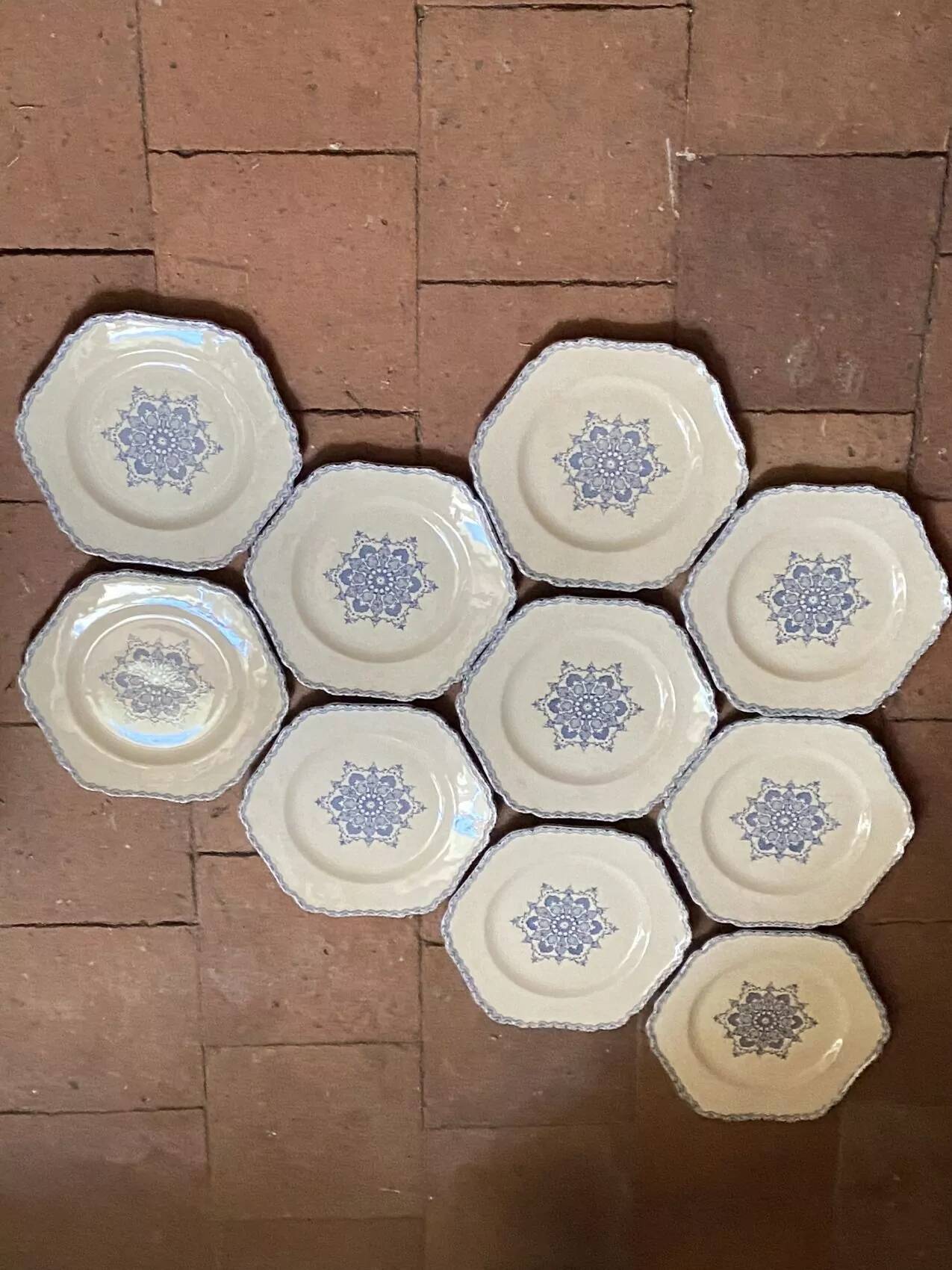 Set of 10 antique 6-sided flat plates – late 19th century earthenware, oriental light blue decor