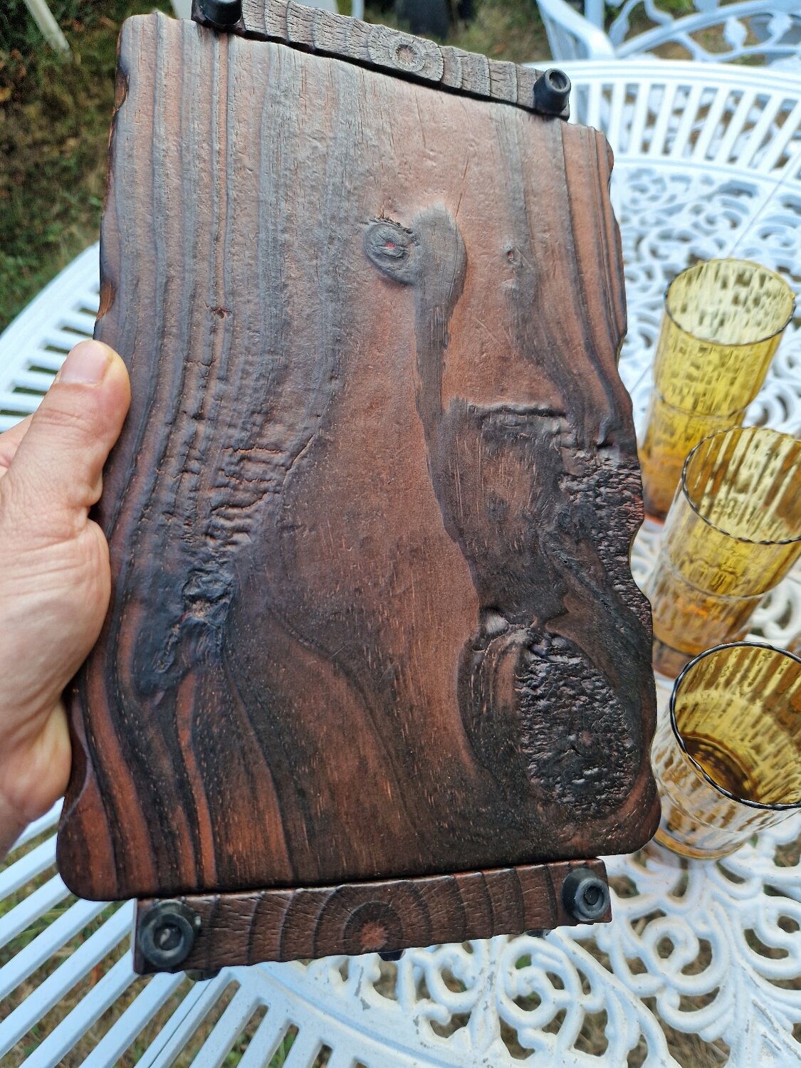 Service de 6 verres vintage ambrés avec porte-verres en bois