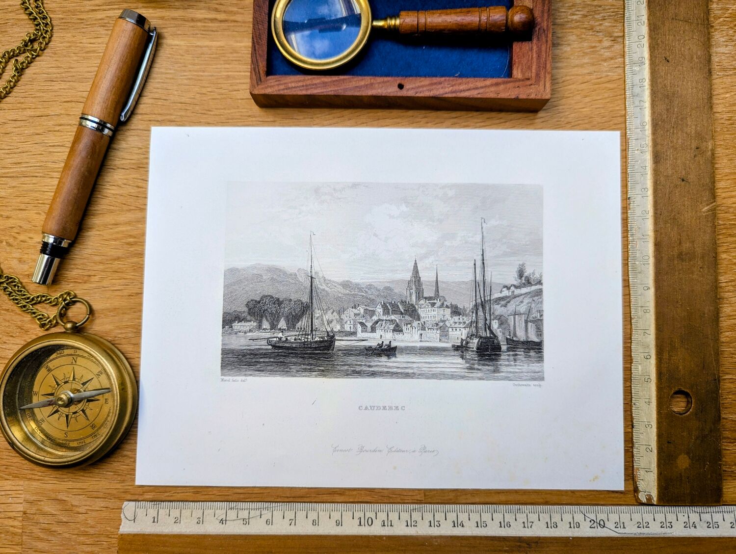 Vintage engraving of Caudebec, Normandy. Printed in 1844.