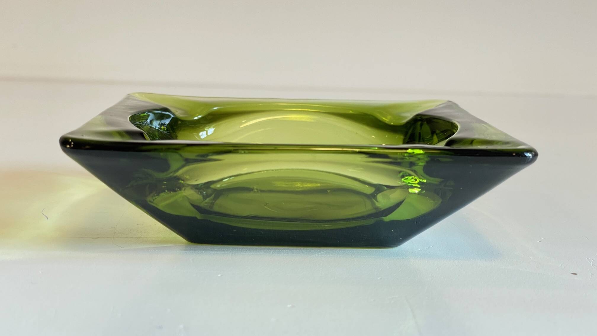 Geometric Glass Ashtray Vintage Green