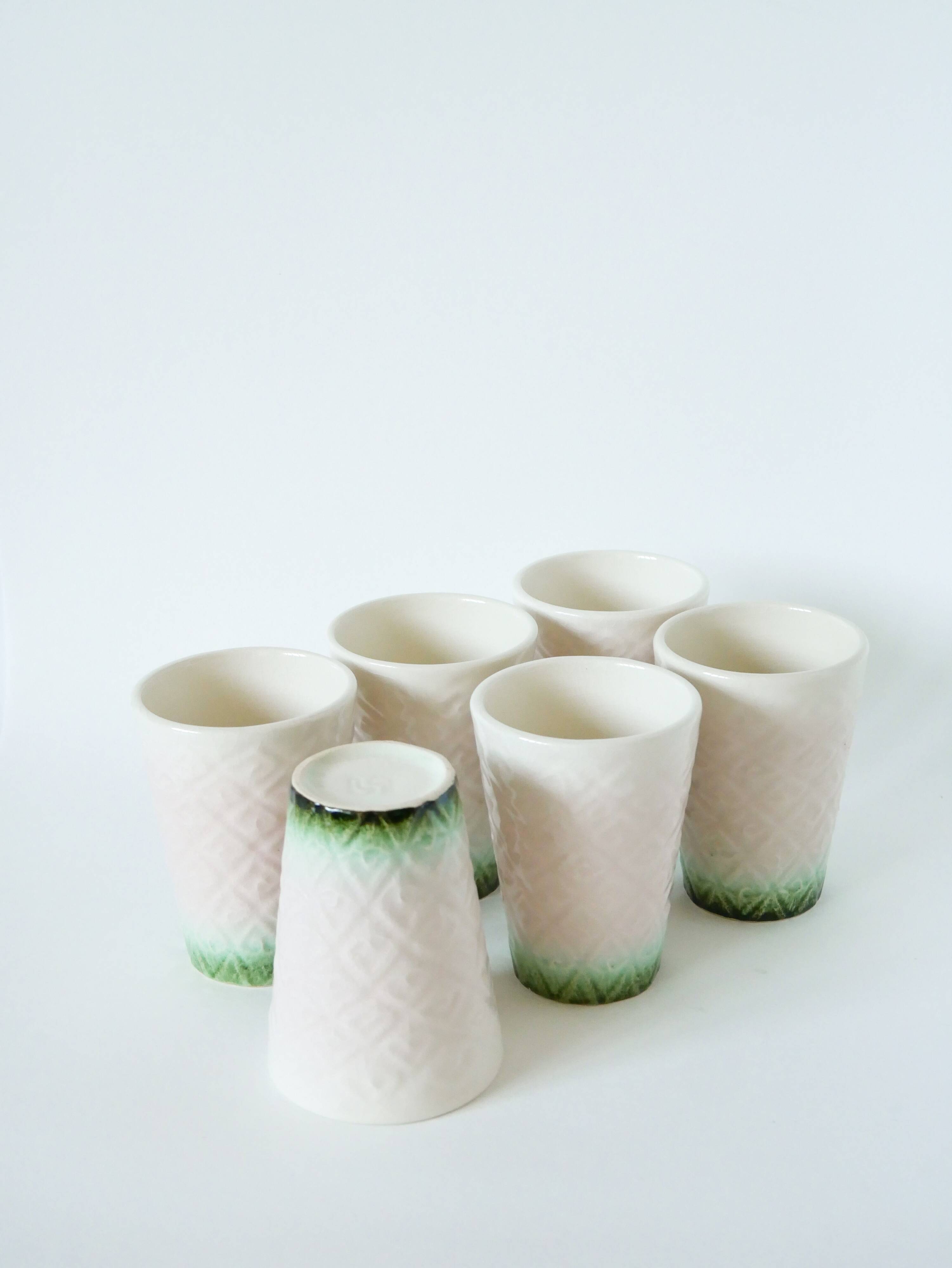 Set of 6 pink and green slip glasses Digoin Sarreguemines, 1970