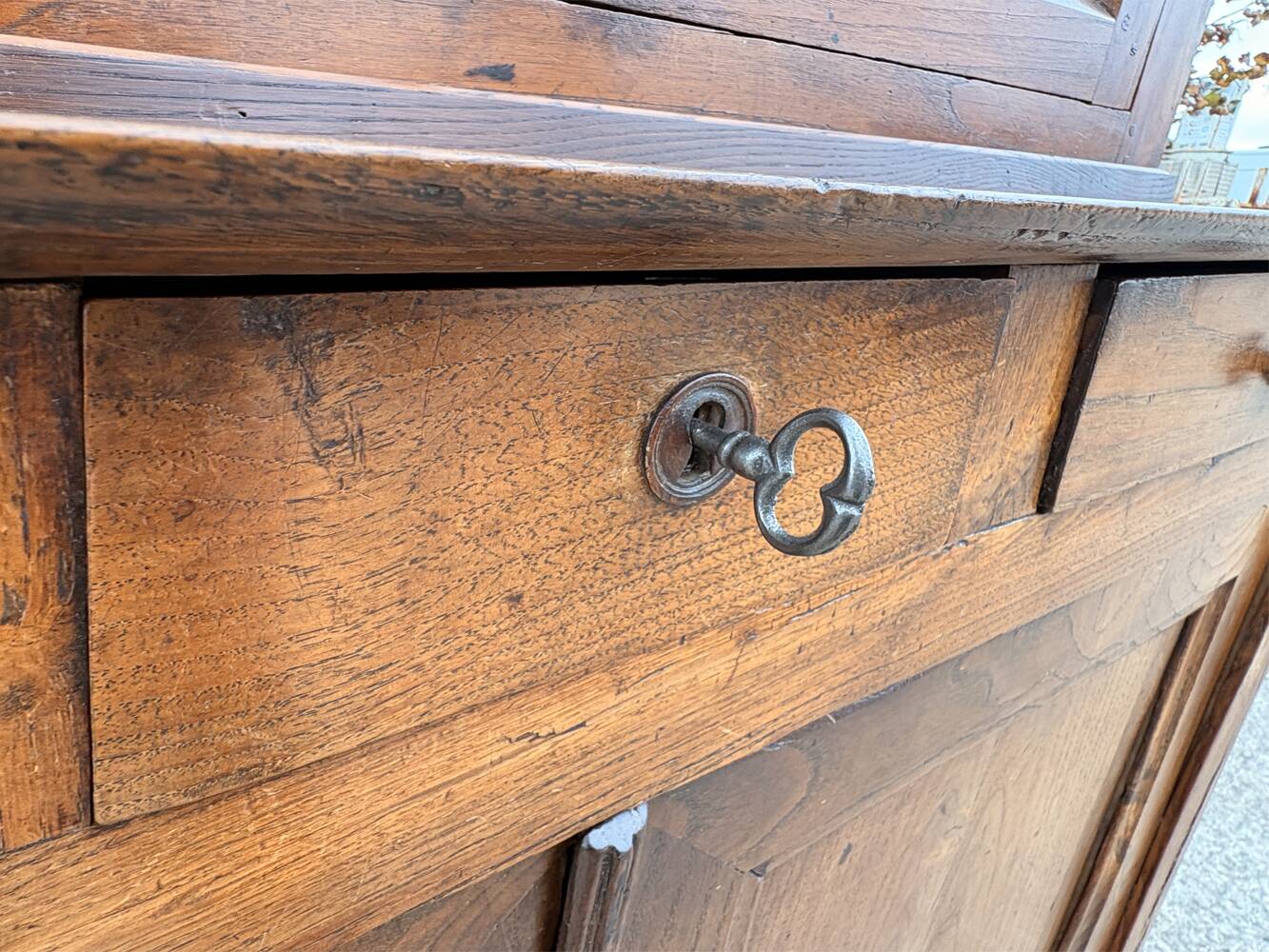 Two-body oak sideboard, circa 1890 — antique glasses and assembly