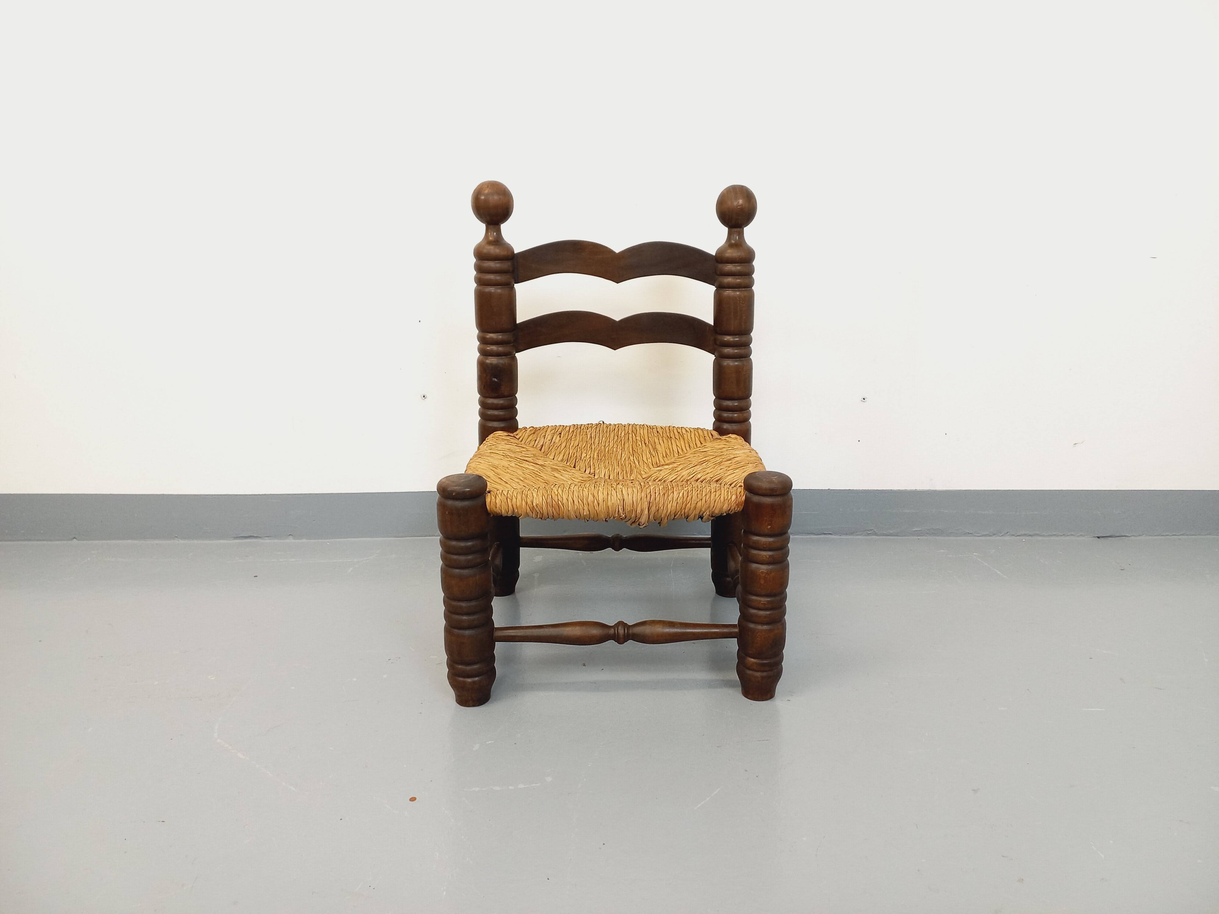 Vintage Charles Dudouyt Brutalist Low Chair in Wood and Straw, 1940s