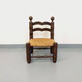 Vintage Charles Dudouyt Brutalist Low Chair in Wood and Straw, 1940s