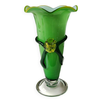 Vase Design forme Florale/Rose jaune en relief, col forme corolle. Style Murano. Haut 25 cm